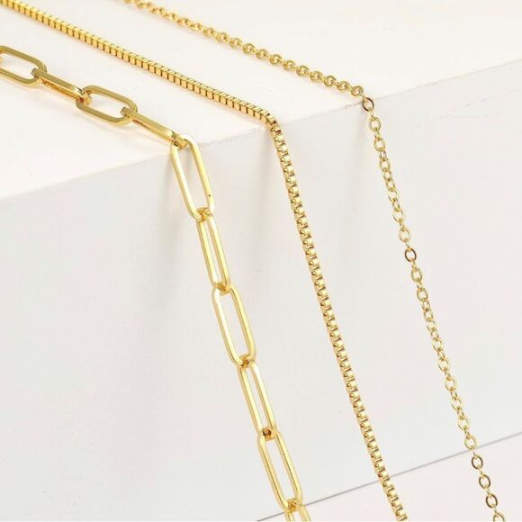 Gold 14k Gold Plated 3pc Papperclip Chain Necklace Set - Picture 2 of 2